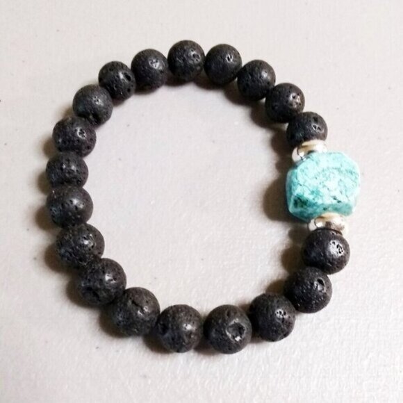 Turquoise Howlite & Black Lava Rock Bracelet! Thick, Solid & Chunky Stone Beads - Picture 1 of 10